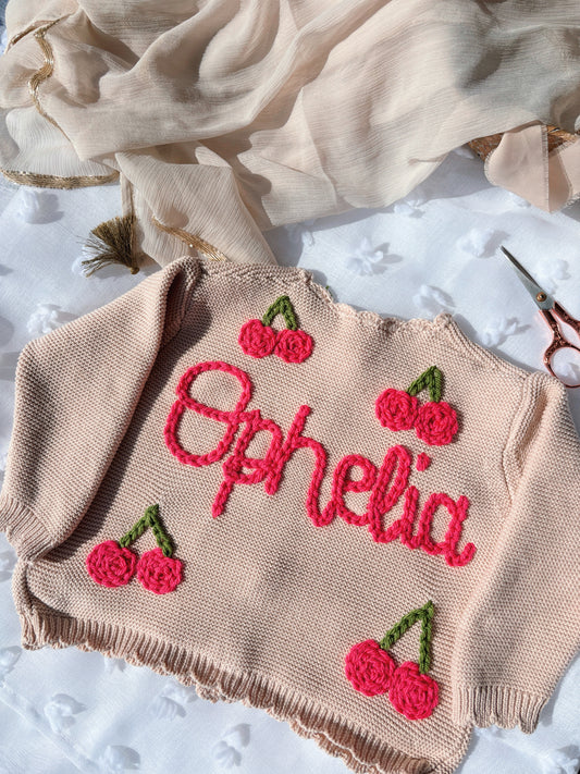 Personalised Cherry Frill Beige/Apricot Cardigan